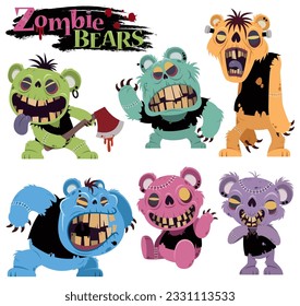 A spooky and playful cartoon-style illustration featuring a collection of zombie bears in various colors and creepy designs