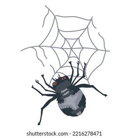 Spooky poison spider on cobweb for Halloween cards and prints, flat vector illustration isolated on white background.