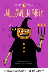 Spooky poster or postcard for Halloween.The pumpkin man comes out of the darkness.Boo!In a hand-drawn style