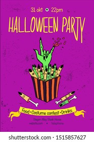 Spooky poster or postcard for Halloween.Taste the crispy fingers.In a hand-drawn style
