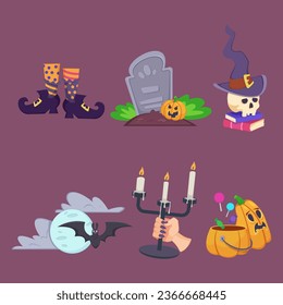 Spooky props for Halloween party vector illustrations set. Legs of witch, graveyard, skull in hat, bat in moonlight, hand with candles, pumpkin baskets for candies. Halloween, holiday concept