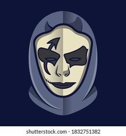 Spooky psycho face mask with dark grey hood on dark background