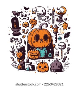 Spooky pumpkin, bats, and ghosts in a dark and eerie landscape for Halloween.
