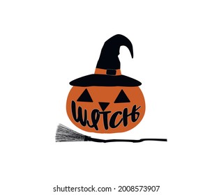 Spooky Pumpkin with Broom.. Halloween Vector Illustration. Quote. Lettering Design. 