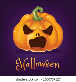 Spooky pumpkin cartoon vector illustration. Halloween lantern with evil smile isolated clipart with lettering. Scary realistic orange pumpkin sticker, patch on purple. Autumn holiday social media post