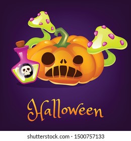 Spooky pumpkin cartoon vector illustration. Halloween lantern with potion and mushroom clipart with lettering. Scary realistic orange carved squash sticker, patch. Autumn holiday social media post