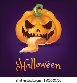 Spooky pumpkin cartoon vector illustration. Halloween lantern with evil smile and tongue. Creepy realistic orange carved squash sticker, patch with lettering on purple Autumn holiday social media post