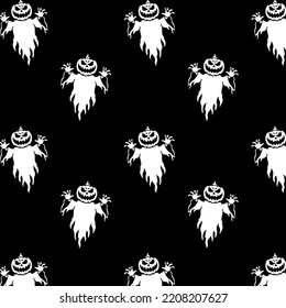 spooky pumpkin ghost on black background seamless pattern halloween