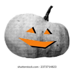 Spooky pumpkin halftone collage element. Halloween grunge clip art, modern retro cutout shape, funny Jack o lantern. Vector illustration isolated on transparent background