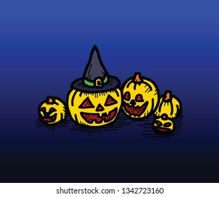 Spooky pumpkin head jack-o-lantern for Halloween. Hand drawn vector illustration.