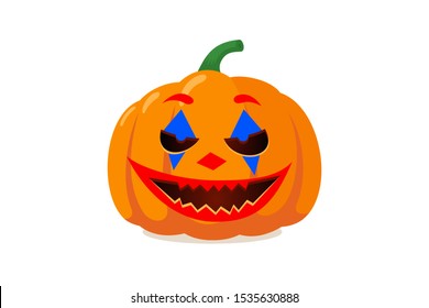 Spooky pumpkin jack o lantern with creepy ghost joker clown smile. Traditional happy halloween holiday celebration horror decoration evil symbol. Flat vector illustration isolated on white background