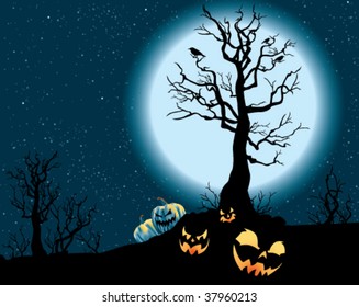 Spooky pumpkin patch on a full moon night