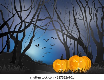 Spooky pumpkin in a scary dark mystery forest. illustration of happy halloween background. paper art and digital craft style.