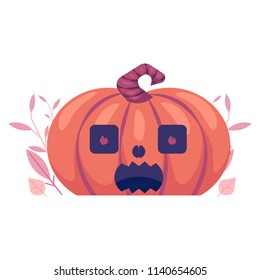 Spooky pumpkin with scary face. Jack o lantern autumn seasonal halloween holiday symbol on abstract floral background elements. Trick or treat traditional horror kids celebration. Vector illustration
