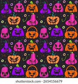 Abóbora assustadora Padrão sem emenda para o Halloween. Estilo Doodle Jack o Lantern elemento de abóbora. Padrão de vetor isolado.