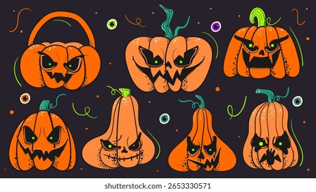 Abóbora assustadora para o Halloween. Estilo Doodle Jack o Lantern elemento de abóbora. Ilustração isolada de vetor.