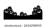 spooky pumpkin silhouette border, haunted stack of pumpkin on ground silhouette footer, funny halloween jack o lantern horizontal decoration illustration