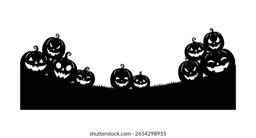 borda de silhueta de abóbora assustadora, pilha assombrada de abóbora no rodapé de silhueta terra, engraçado halloween jack o lanterna decoração horizontal ilustração