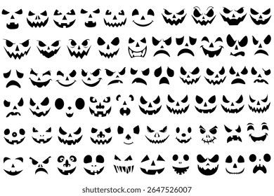 Spooky pumpkin smile and various emotions on the face on white background. Design for the holiday Halloween. Halloween face set.  Vector illustration.