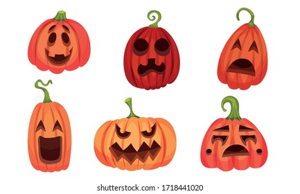 Spooky Pumpkin Smiley Isolated on White Background Vector Set