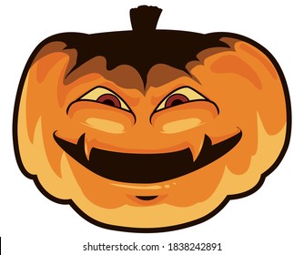 Spooky pumpkin with terrifying smile and spooky effect due lower light, isolated over white background.
