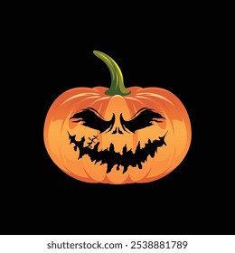 Spooky pumpkin vector with a creepy carved face, featuring dark. Ideal Halloween illustration on black background, perfect for seasonal designs