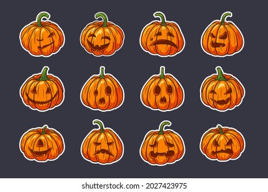 Spooky Pumpkins with Faces Halloween Stickers Set. Orange pumpkin jack lantern illustrations Collection for autumn holiday greeting cards, invitations, food package design, decoration. Premium Vector