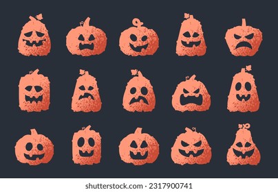 Spooky pumpkins. Halloween scary carving pumpkins with grimace faces, fall holidays pumpkin decorations flat vector illustration set