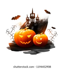 Spooky Kürbis mit sputiertem Haus und fliegenden Fledermäusen auf weißem Hintergrund. Frohe Halloween-Vorlage oder Plakatdesign.