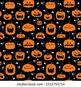 Spooky pumpkins lantern. Hand drawn seamless halloween pattern on black background.