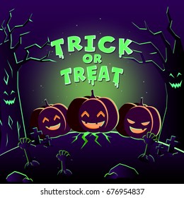 Spooky pumpkins on cemetery. Halloween party background design. trick or treat in graveyard.