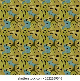 Spooky pumpkins seamless pattern. Jack-o-lantern. Halloween festive background for wrapping paper, print, fabric and printing. Vector illustration