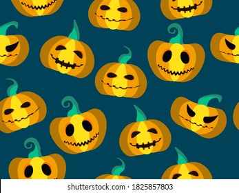 Spooky pumpkins seamless pattern. Jack-o-lantern. Halloween festive background for wrapping paper, print, fabric and printing. Vector illustration
