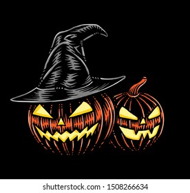 Spooky Pumpkins With Witch Hat, Halloween Theme, Hand Drawn Illustration, Isolated Vector