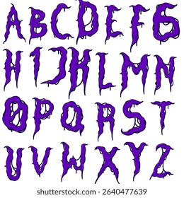 A spooky purple font featuring all 26 uppercase letters, each with eerie, melting, flame-like edges—perfect for Halloween, horror themes, or creepy design projects needing a bold, dark vibe.
