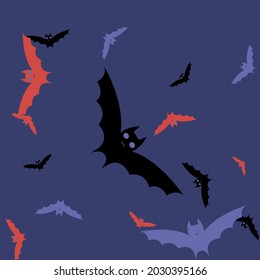 Spooky Purple Gothic Pink Halloween Art Illustration. Eyes Print Creepy Red Black Bats Vector Illustration. Retro Chaos Attack Motion Flying Bats Art Pattern. Sky Colorful Night Scary Background.