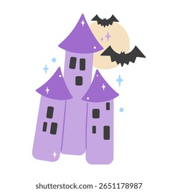 Spooky purple haunted castle with bats flying in front of a moon, isolated on white. Perfect for Halloween scenes