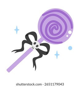 Spooky purple lollipop with a skull bow and sparkling accents, isolated on white. A sweet Halloween treat