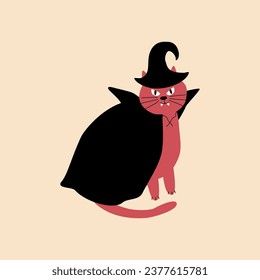 Spooky red cat with witch black hat and cloak hand drawn vector illustration. Isolated Halloween party character for kids poster or logo.