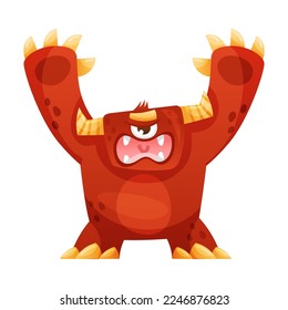 Spooky Red Monster with Horns and Open Mouth Shouting with Raised Paws Vector Illustration