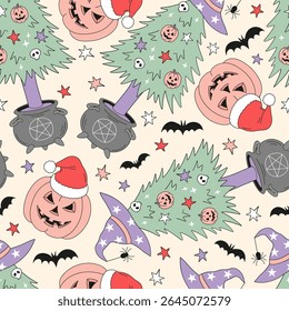Padrão sem emenda de vetor de Natal retrô assustador com abóbora Jack-o-lanternas em chapéu de Santa, Árvores bruxas em caldeirões com pentagramas. Uma mistura perfeita de Halloween e vibrações de Natal para férias
