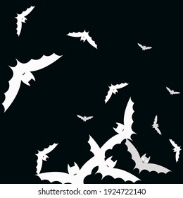 Spooky Retro Gothic Chaos Modern Style Background. Funny Print White Attack Halloween Modern Design. Motion Black Night Bats Vector Illustration. Light Sky Scary Creepy Art Flying Bats Fabrics.