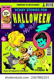 Un espeluznante diseño de burla en portada de la revista de historietas retro halloween. Ilustración del vector