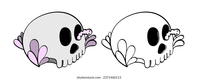 Spooky retro skull and worm vector illustration line art and coloring page. Cute printable skeleton art style for Halloween.
