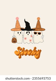 Spooky. Retro vintage groovy poster. Ghosts party. Vector