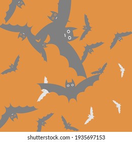 Spooky Retro White Bats Vector Design Pic. Black Attack Orange Grey Halloween Art Illustration. Light Creepy Funny Chaos Modern Style Simple Art. Print Silver Motion Scary Flying Bats Art Pattern.