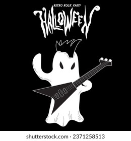 Spooky Rock and Roll hand hold guitar hair style rock in theme Halloween Retro Rock Party.Black and white artwork