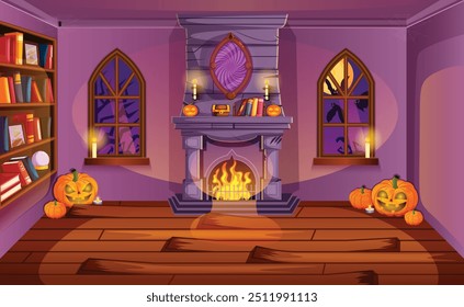 Sala assustadora com lareira, Jack-o`-lanternas, velas, espelho assombrado, chão de madeira de fivela, prateleira de livro e janelas - Halloween decorado Desenho Animado Sala de Estar Fundo 