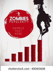 Spooky rotten zombie hand holding on a statistics bar for trends infographic about undead popularity.