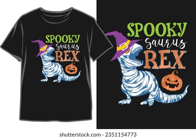 Spooky Saurus rex Mummy Dinosaur T-rex Halloween Funny Pumpkin T-Shirt Design. Halloween Time Black T-shirt Design Vector Graphics.